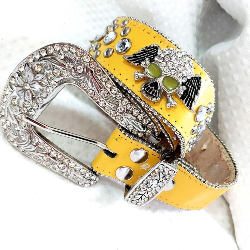 Yellow Rhinestone Skull Belt - Picture 9 of 9
